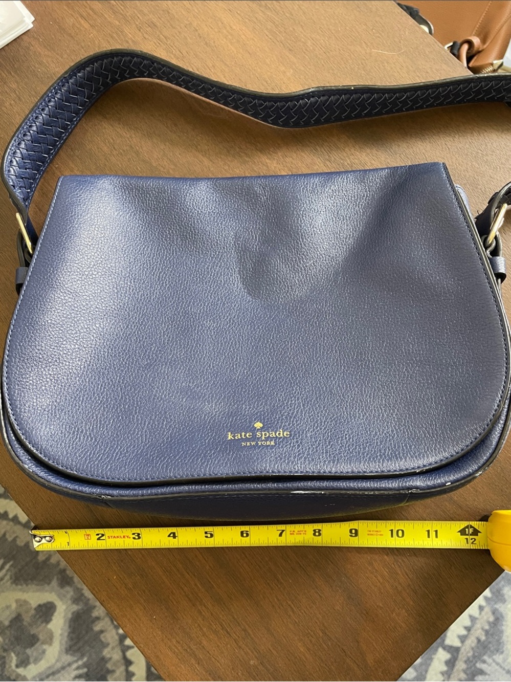 kate spade navy pebbled leather saddle crossbody with woven strap